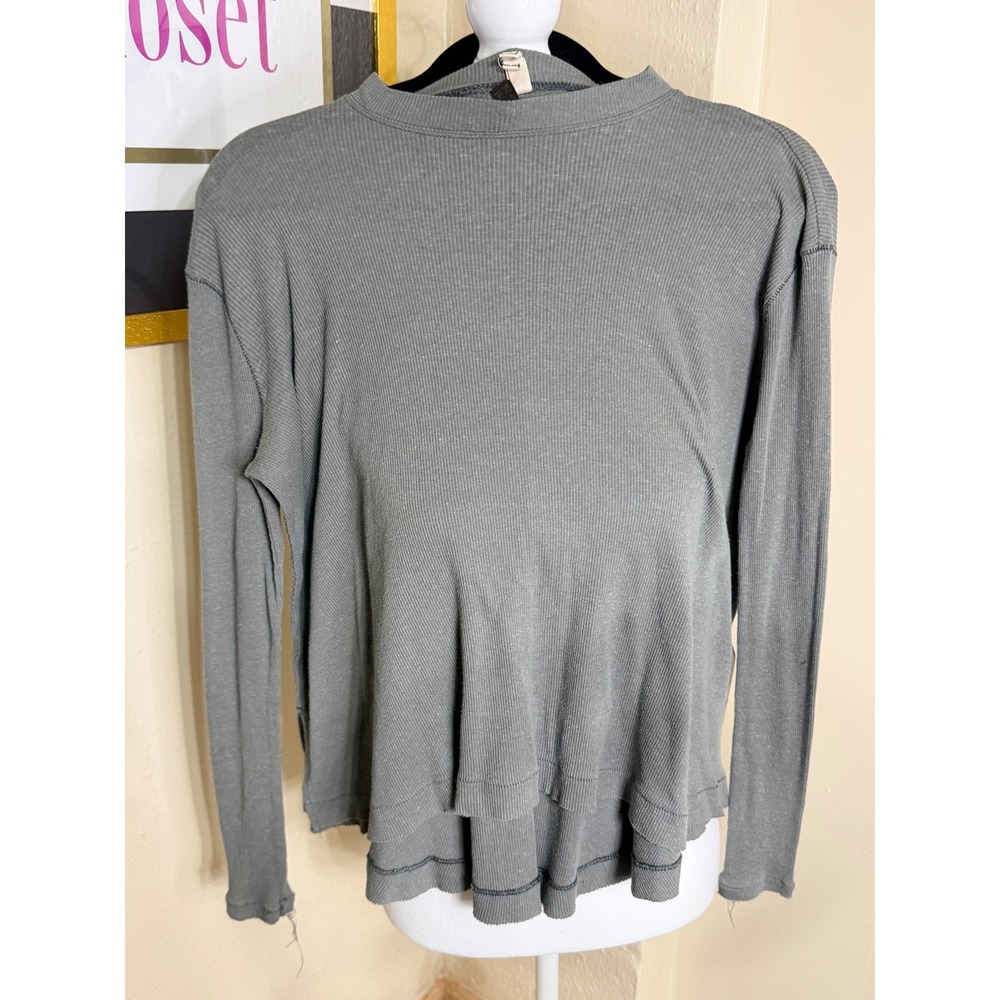 Free People We The Free Sage Green Ribbed Mock Neck Tiered Hem Top Small P/S